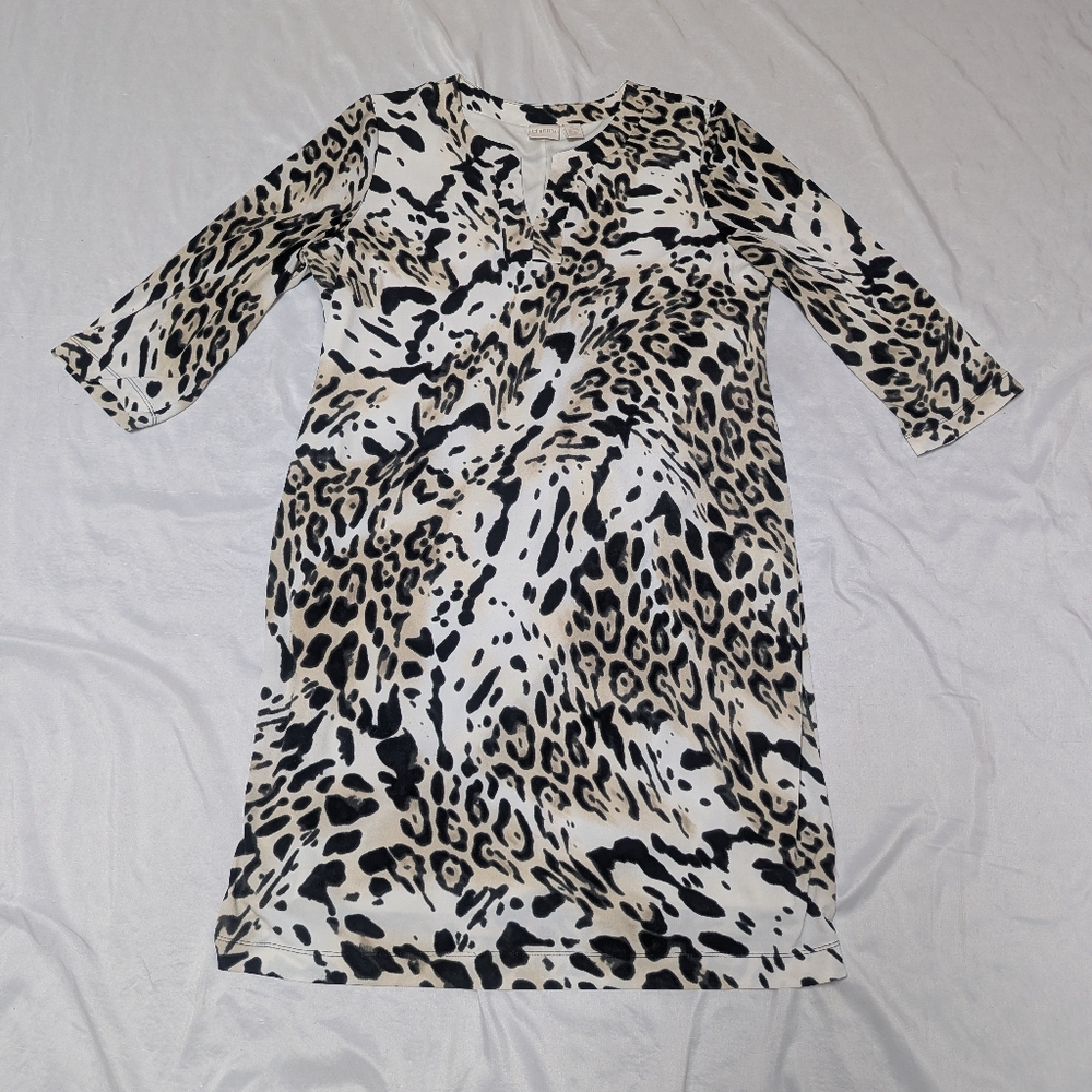 Chico's Long Sleeve Leopard Print Midi Length Sheath Dress Chico's Size 2
